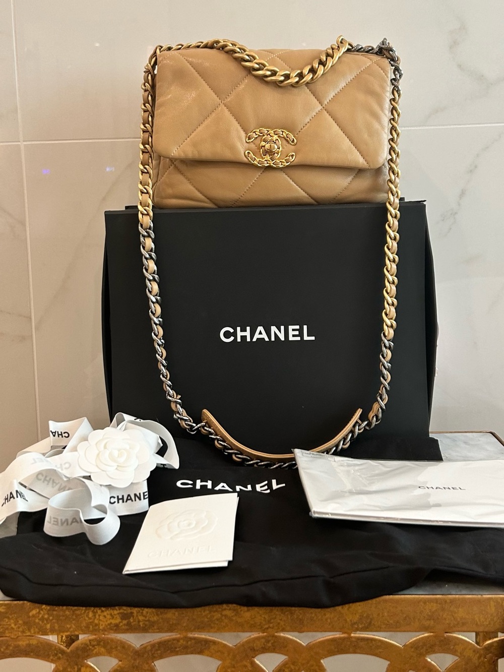 Like New!  CHANEL 19 matelasse small Flap Bag with gold & silver chain FULL SET